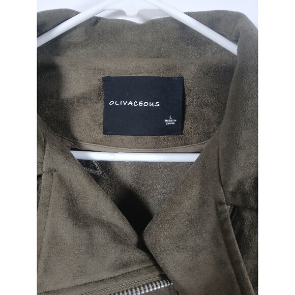 Olivaceous Olive Green Faux Suede Star Moto Jacket Size L EUC Zip Pockets Edgy - Picture 2 of 10